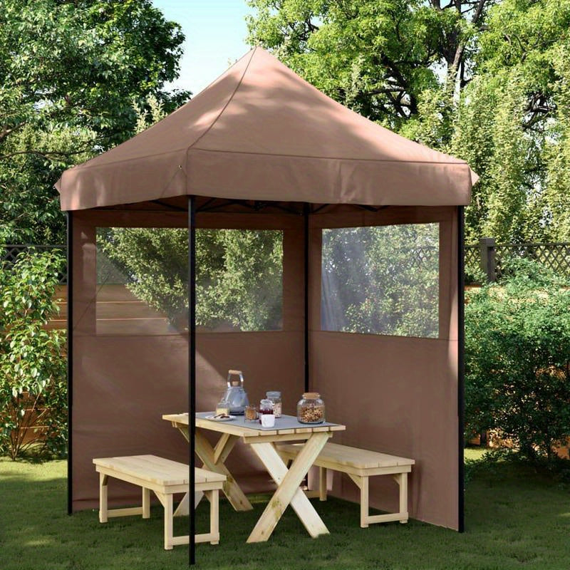 Collapsible Pop-Up Party Tent with 2 Side Walls in Brown. Sturdy And Durable, Easy to Assemble, Suitable for Gatherings, Parties, Weddings, Camping, And Other Outdoor Activities.