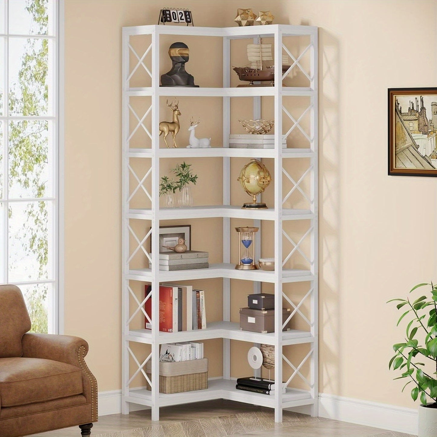 Hoekboekenkast – Hoekrek – Boekenplank – Opbergkast – Vakkenkast – Industrieel Design – 7-laags – Stevig Metalen Frame – Wit – 69 cm Hoog – Max. 22,68 kg Belastbaar Per Plank