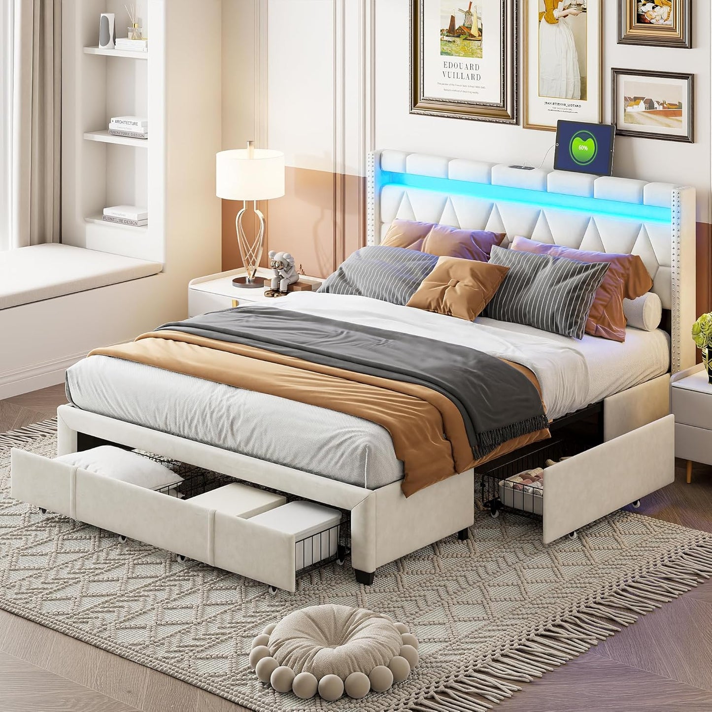 Upholstered Bed – Tweepersoonsbed – Bed Frame – Bed Met Opberglades – Luxe Bed – 140x200 cm – LED Verlichting – USB Opladen