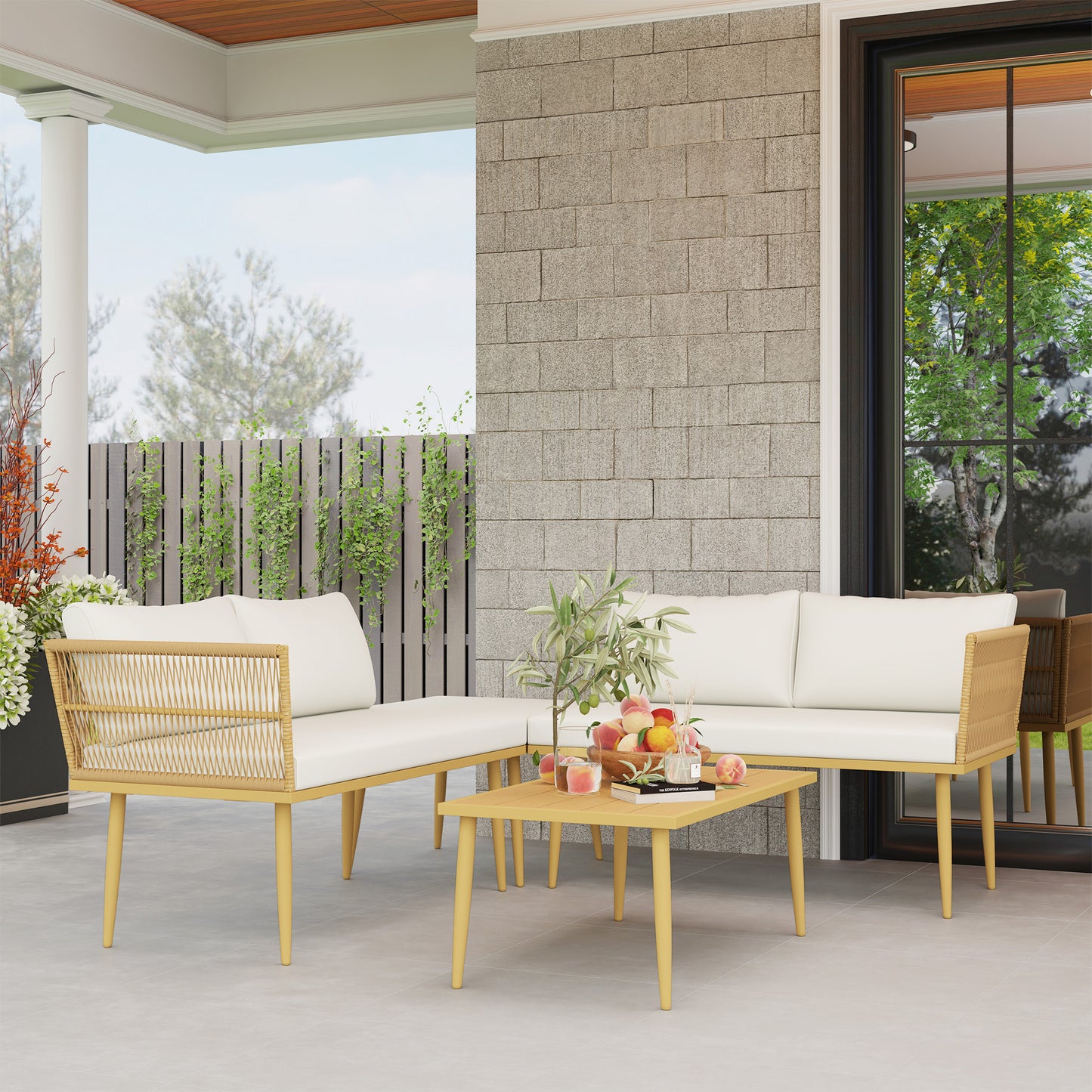 Modulaire Tuinset – Loungeset – Buitenmeubelset – Loungehoek – Balkonset – Weerbestendig Staalframe – Afneembare Splash-Resistente Kussens – Naturel Hout