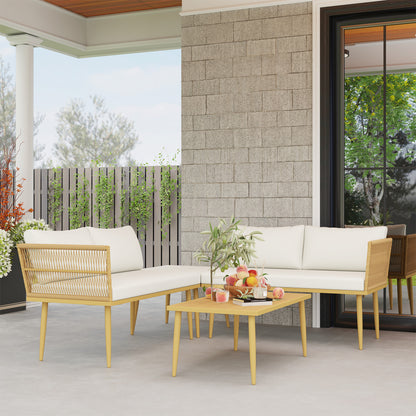 Modulaire Tuinset – Loungeset – Buitenmeubelset – Loungehoek – Balkonset – Weerbestendig Staalframe – Afneembare Splash-Resistente Kussens – Naturel Hout