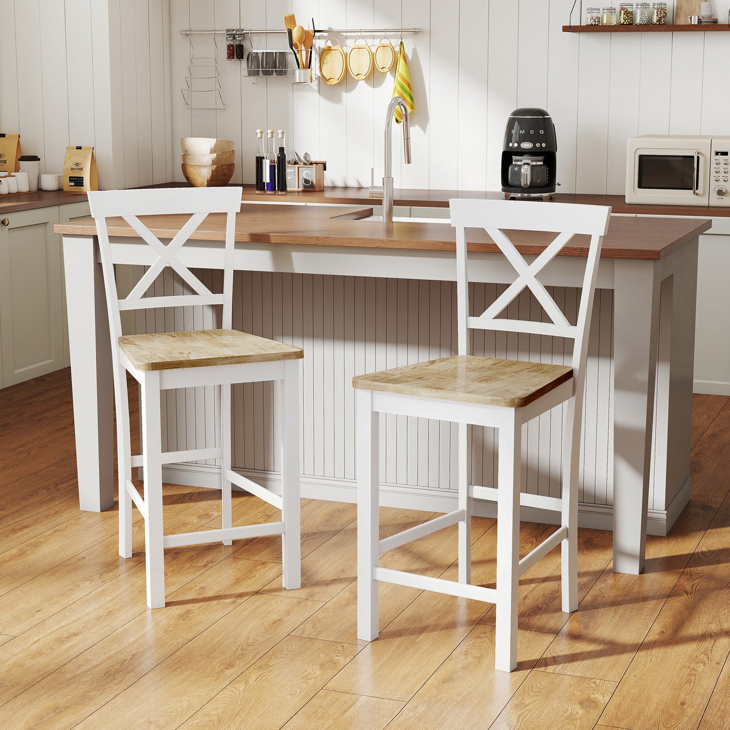 Barstoel – Barkruk – Keukenkruk – Barstoel met Rugleuning – Set van 2 – Rubberwood – Natuurlijk Eiken en Wit – Ergonomisch Design – Zithoogte 60 cm