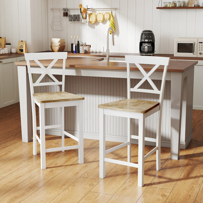 Barstoel – Barkruk – Keukenkruk – Barstoel met Rugleuning – Set van 2 – Rubberwood – Natuurlijk Eiken en Wit – Ergonomisch Design – Zithoogte 60 cm