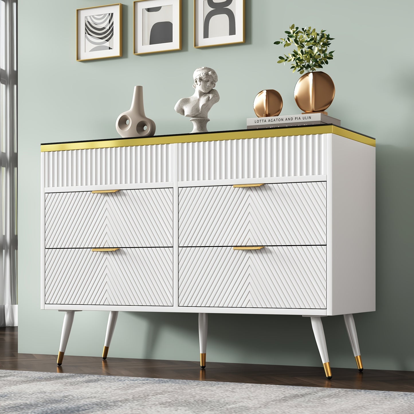Opbergkast – Ladekast – Kledingkast – Commode – Kast – Wit Bamboe – 6 Lades – 3,2 Kubieke Voet – Gouden Handgrepen – Stevig & Duurzaam – Eenvoudige Montage