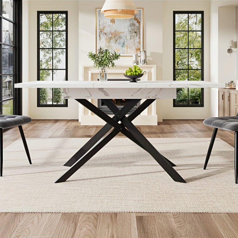 Eettafel – Dinertafel – Keukentafel – Salontafel – Eetkamertafel – Uitbreidbaar – Marmerlook Wit Tafelblad – Zwart Metalen Frame – Verstelbaar 120-160 cm – Ruimtebesparend Modern Design