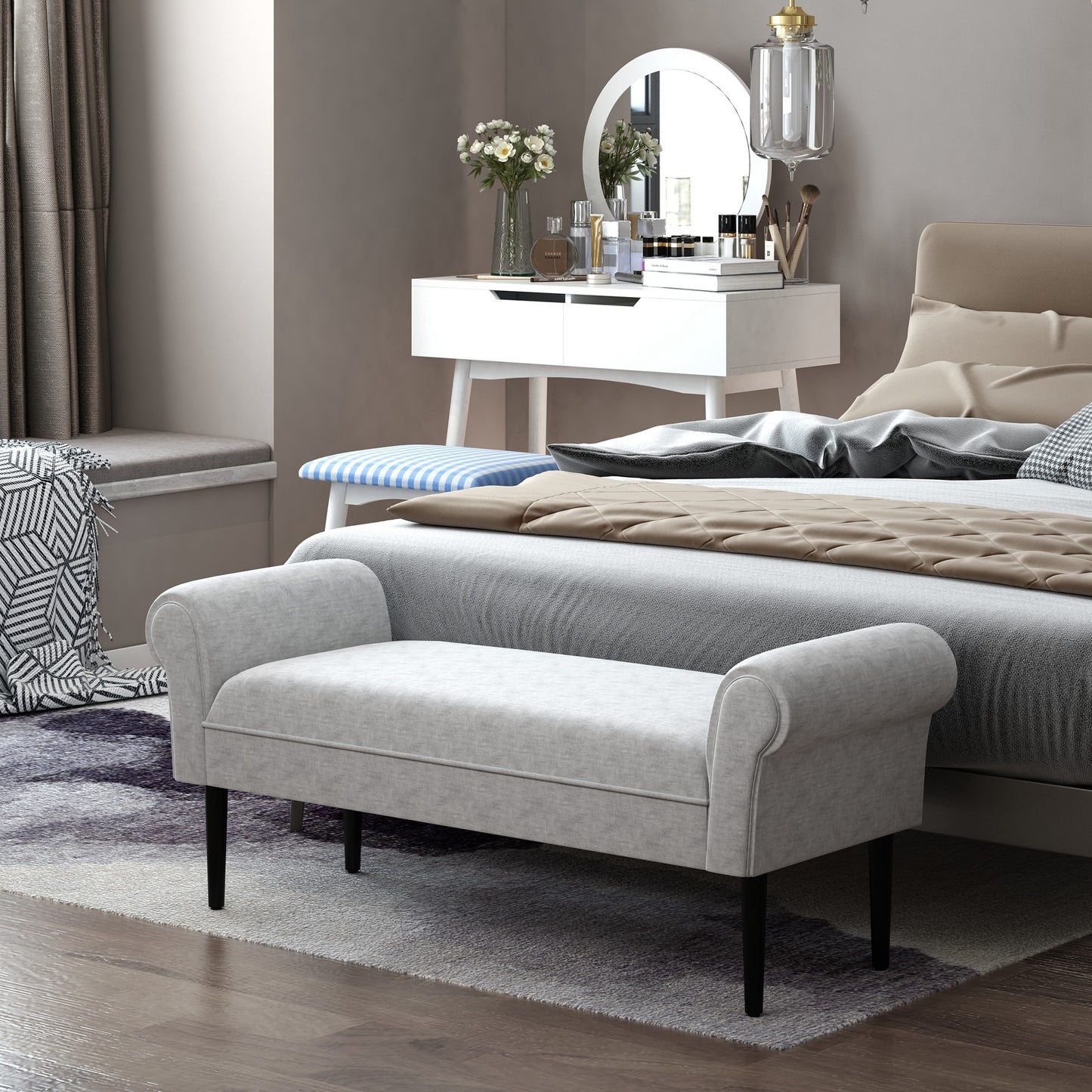 Gevloerde Bank – Loungekruk – Bedbank – Zitbank – Loungebank – Linnen Stof – Comfortabele Foam Vulling – Lichtgrijs 132x45,5x58 cm