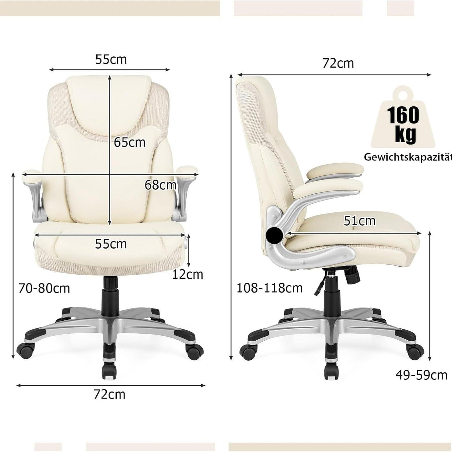 Bureaustoel – Office Chair – Kantoorstoel – Draaistoel – Bureaustoelen – Ergonomisch Design – Verstelbare Zithoogte en Kantelfunctie – Beige Kunstleer