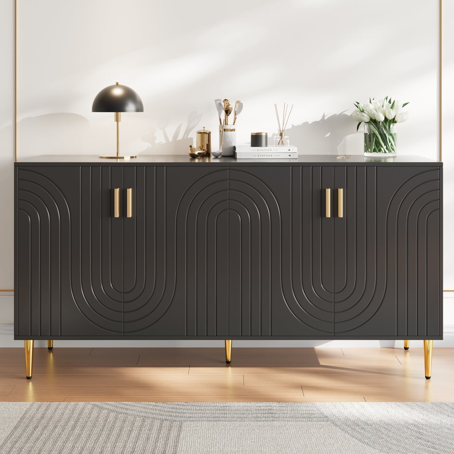 Dressoir – Sideboard – Buffetkast – Tv-Meubel – Opbergkast – Zwart Met Gouden Details – 152x40x75 CM – Tip-Over Beveiliging