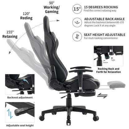 Gamingstoel – Gamestoel – Gaming Chair – Bureaustoel – Game Stoel – Verstelbare Hoogte – Uitklapbare Voetensteun – Kunstleer – Ergonomische Rugleuning