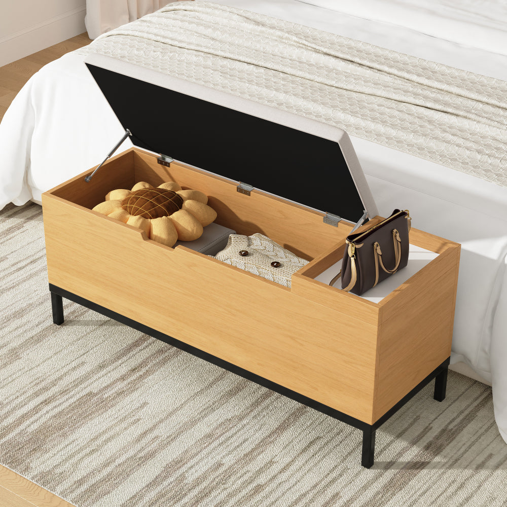 Opbergbank – Zitbank – Opbergbox – Halbank – Opbergkist – MDF Materiaal – Kantelbeveiliging – Comfortabele Zitting – 115x40x49,5 cm – Beige/Lichtgrijs