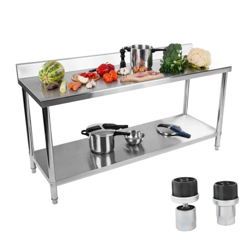 RVS Werkbank – RVS Werktafel – Keukenwerkbank – Horeca Werktafel – Werkbank met Onderplank – 180x60 cm Hoogte Verstelbaar – 20 mm HDF Werkblad