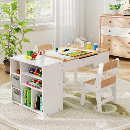 Kindertafel – Kinderbureau – Knutseltafel – Speeltafel – Stoelenset – 3-in-1 Schildertafel met Opbergruimte – Hoogwaardig Berkenhout – Veilig Afgeronde Hoeken – Nature