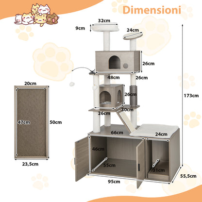 Kattenmeubel – Krabpaal – Kattenbakmeubel – Kattenhuis – Klimmeubel – Sisal Krabmat – Interactief Speelplezier – Modern Grijs Design 95x55x173 cm