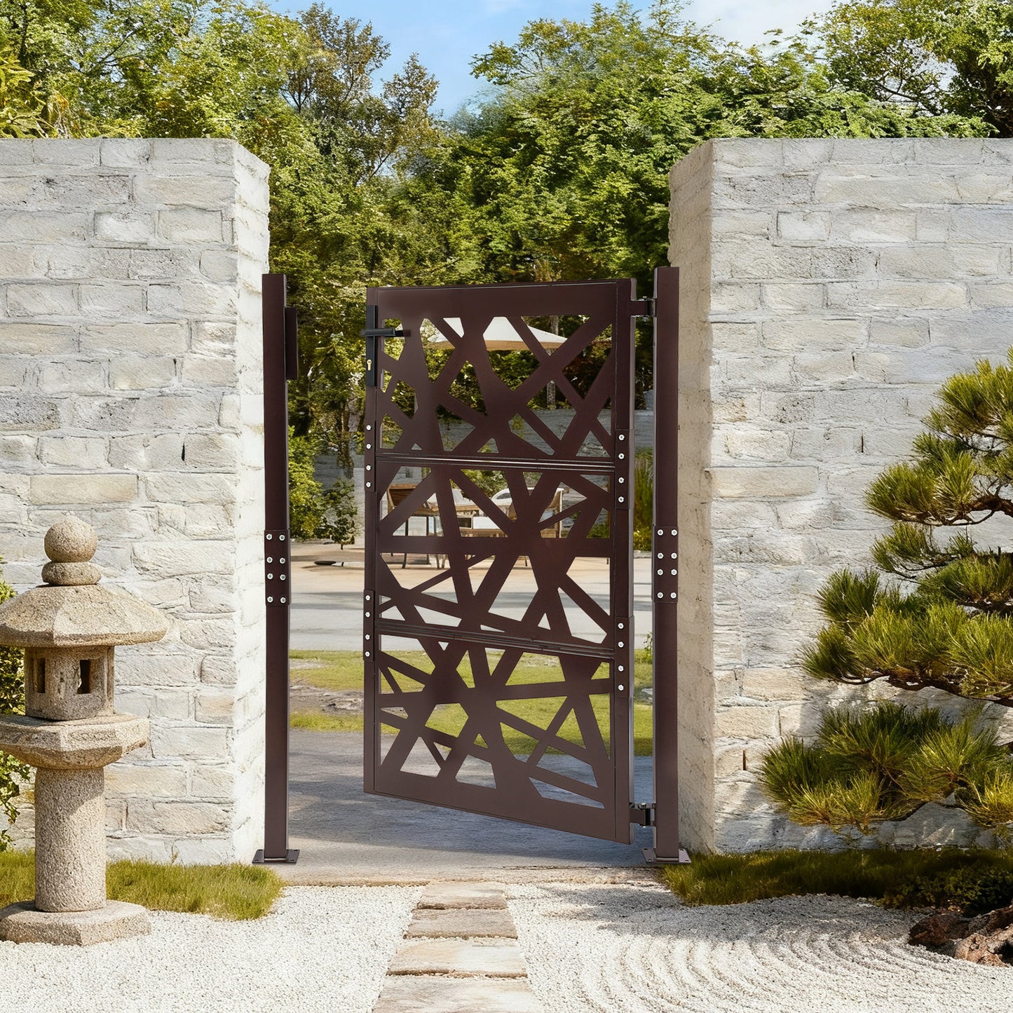 Garden Gate | 105cm x 150cm Brown Metal Gate, Privacy Screen Type, Galvanized Steel, Brand NaMaSyo