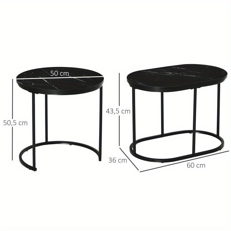 Salontafel – Koffietafel – Bijzettafel – Woonkamertafel – Zwart Stalen Frame – Stapelbaar & Marmerlook MDF Blad – 50 x 50,5 cm / 60 x 36 cm – Max 30 kg Draagkracht