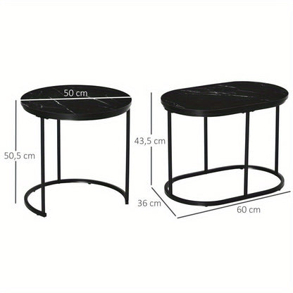 Salontafel – Koffietafel – Bijzettafel – Woonkamertafel – Zwart Stalen Frame – Stapelbaar & Marmerlook MDF Blad – 50 x 50,5 cm / 60 x 36 cm – Max 30 kg Draagkracht