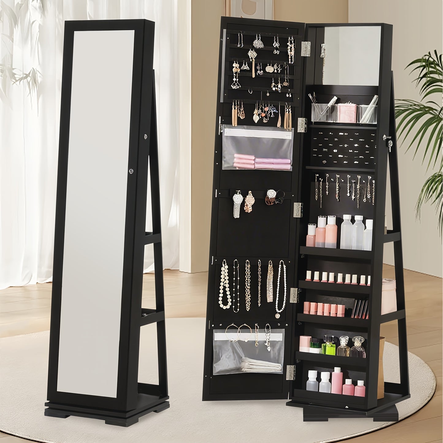 360° Draaibare Sieradencabinet – Sieradenkast – Make-up Organizer – Opbergkast – Sieradenrek – Volledige Spiegel – Duurzaam Houten Materiaal – Verticale Ruimtebesparende Stijl – Natuurlijke Houtkleur