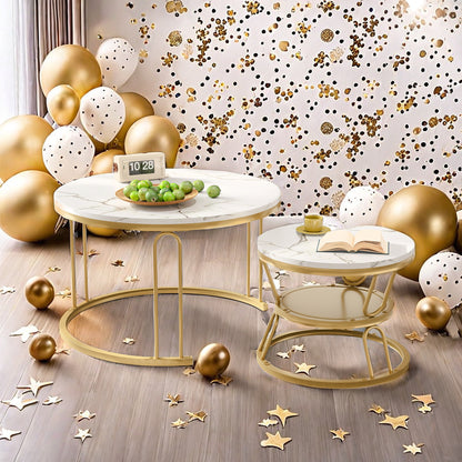 Salontafel – Bijzettafel – Koffietafel – Tafeltje – Ronde Salontafel Set – Gouden Metaal Frame – Marmer Effect Tafelblad – Stapelbaar – Lichtgewicht