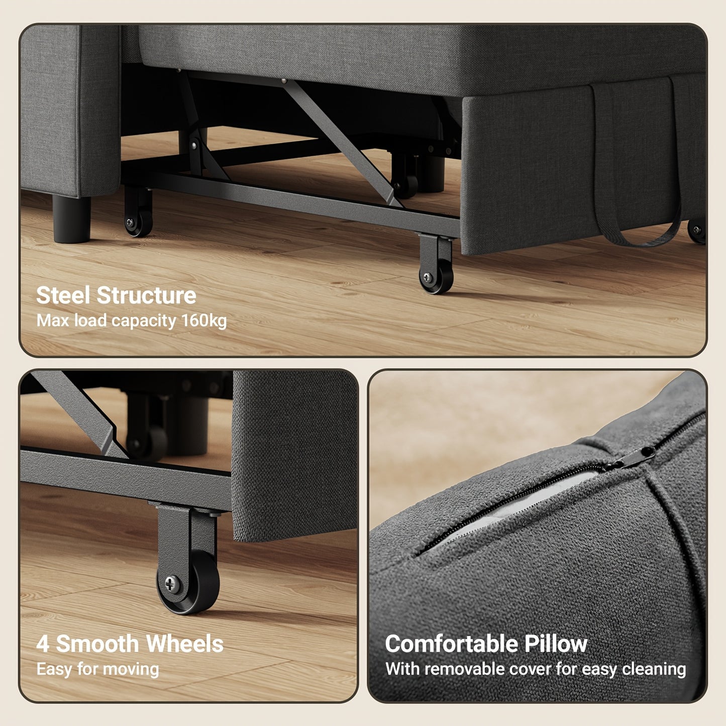 3-in-1 Sleeping Chair Sofa Bed, Convertible Chair With Bed Function, Sofa Bed With Cushion And Side Pocket, Armchair With Sleep Function For Small Apartment (Dark Grey, Light Grey)