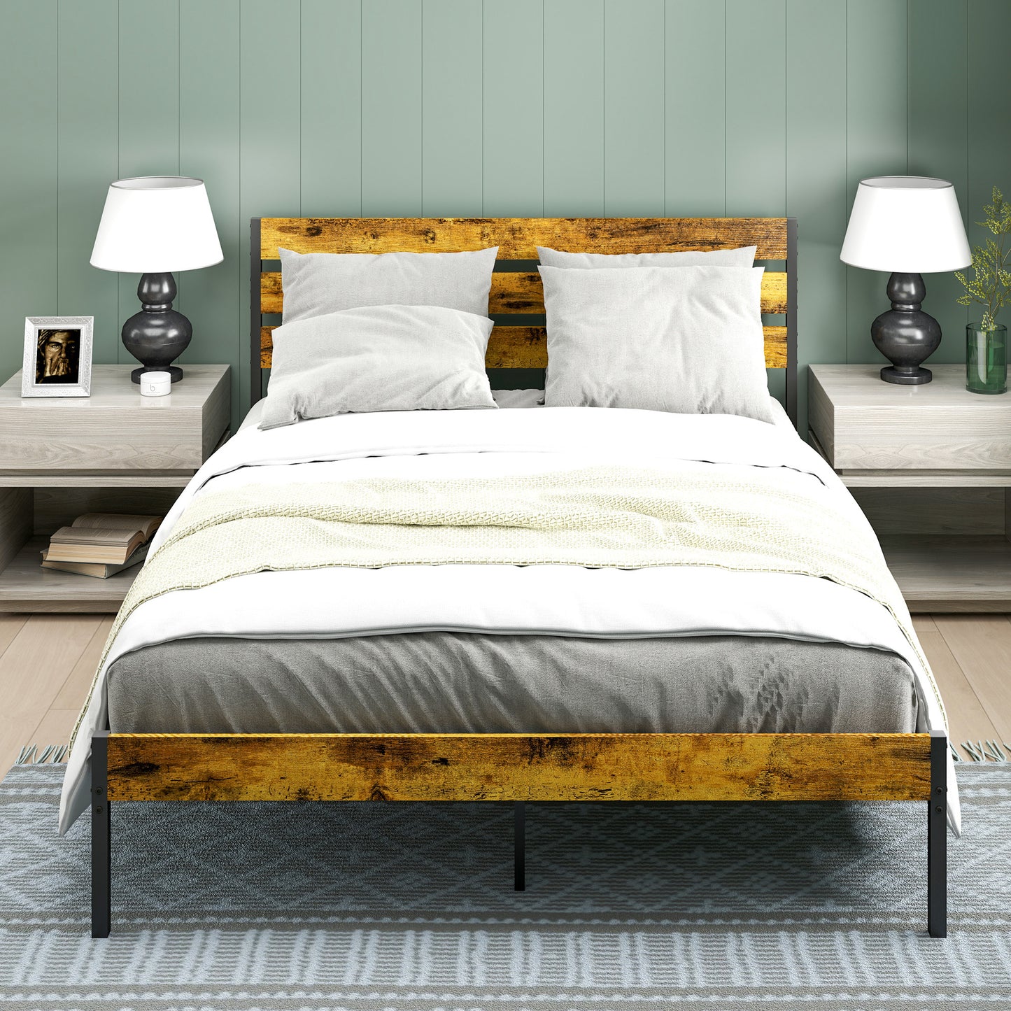 Tweepersoonsbed – Dubbelbed – Bedframe – Lattenbodem – Industrieel Bed – 160x200 cm – Onderbed Opbergruimte – Hout en Staal