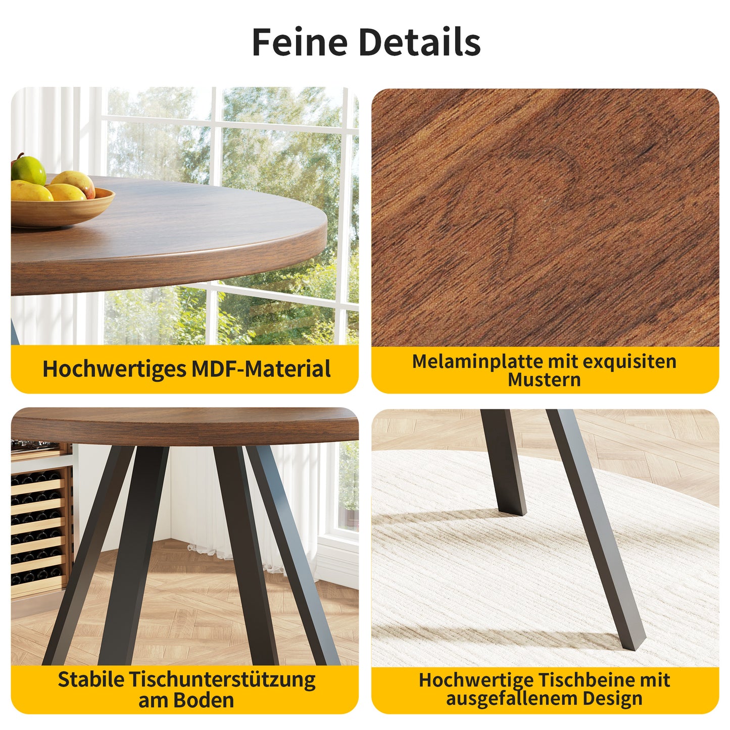 BTM Round Dining Table (80×80×75 Cm) with Wood-Optic And Metal Frame, Modern Round Table for Dining Area, Kitchen And Living Room, Stable Living Room Table in Walnut Color with Black Legs, Space-Saving Round Table for 2-4 P