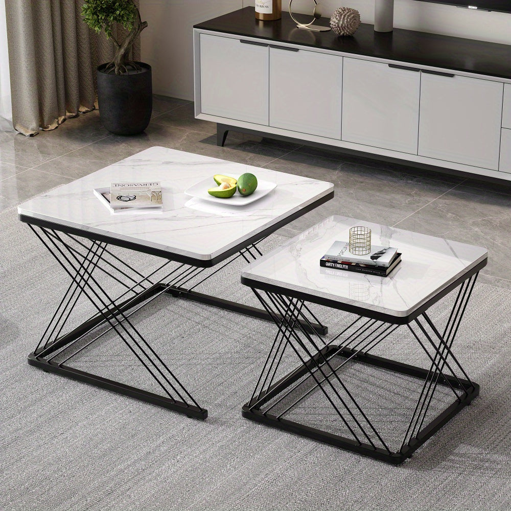 Salontafel – Koffietafel – Bijzettafel – Woonkamertafel – Tafeltje – Set Van 2 – Hoogglans Marmerlook – Verstelbare Pootjes – 60x60x45 & 45x45x40 cm