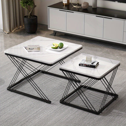 Salontafel – Koffietafel – Bijzettafel – Woonkamertafel – Tafeltje – Set Van 2 – Hoogglans Marmerlook – Verstelbare Pootjes – 60x60x45 & 45x45x40 cm