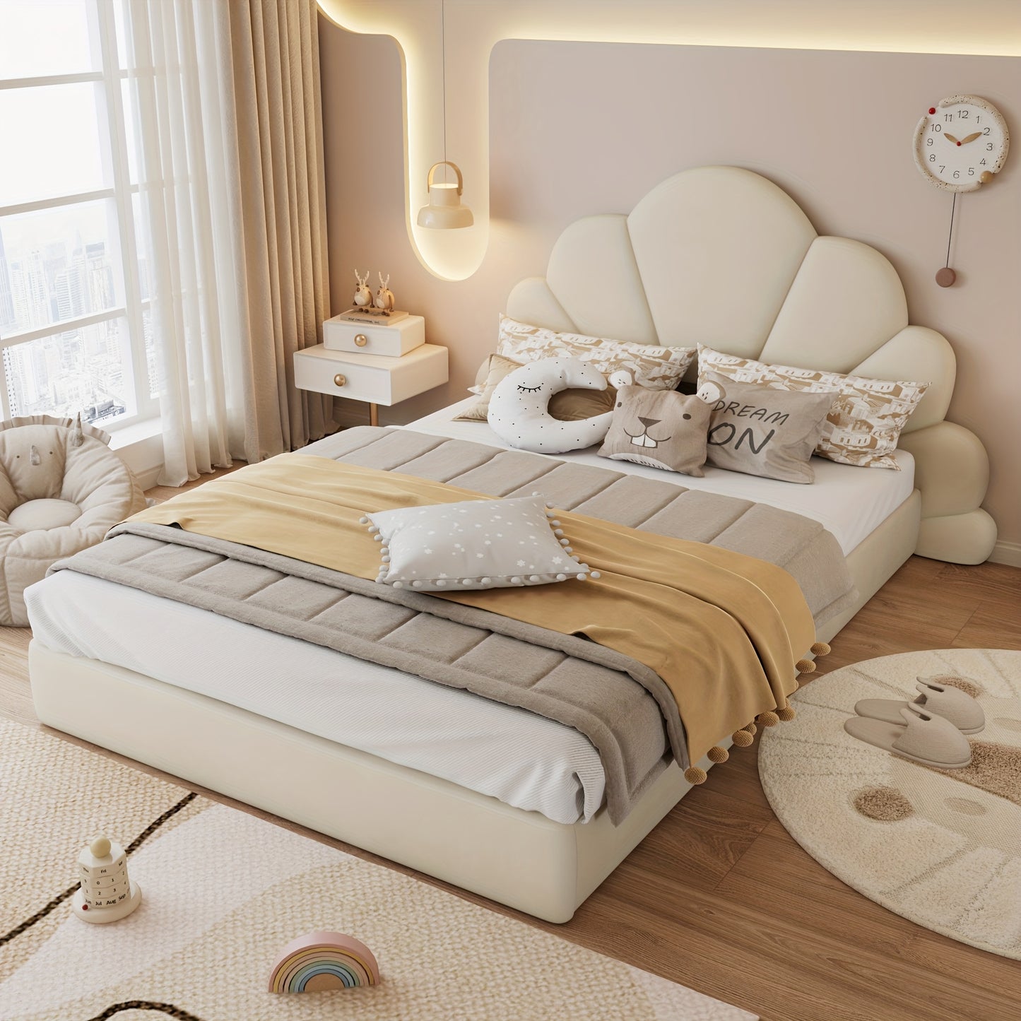 Tweepersoonsbed – Bed – Slaapbed – Logeerbed – Bedframe – Beige Bamboe Frame – Bloemblad Hoofdbord – Compact 140x200 cm – Eenvoudige Montage