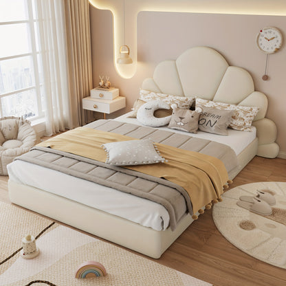 Tweepersoonsbed – Bed – Slaapbed – Logeerbed – Bedframe – Beige Bamboe Frame – Bloemblad Hoofdbord – Compact 140x200 cm – Eenvoudige Montage