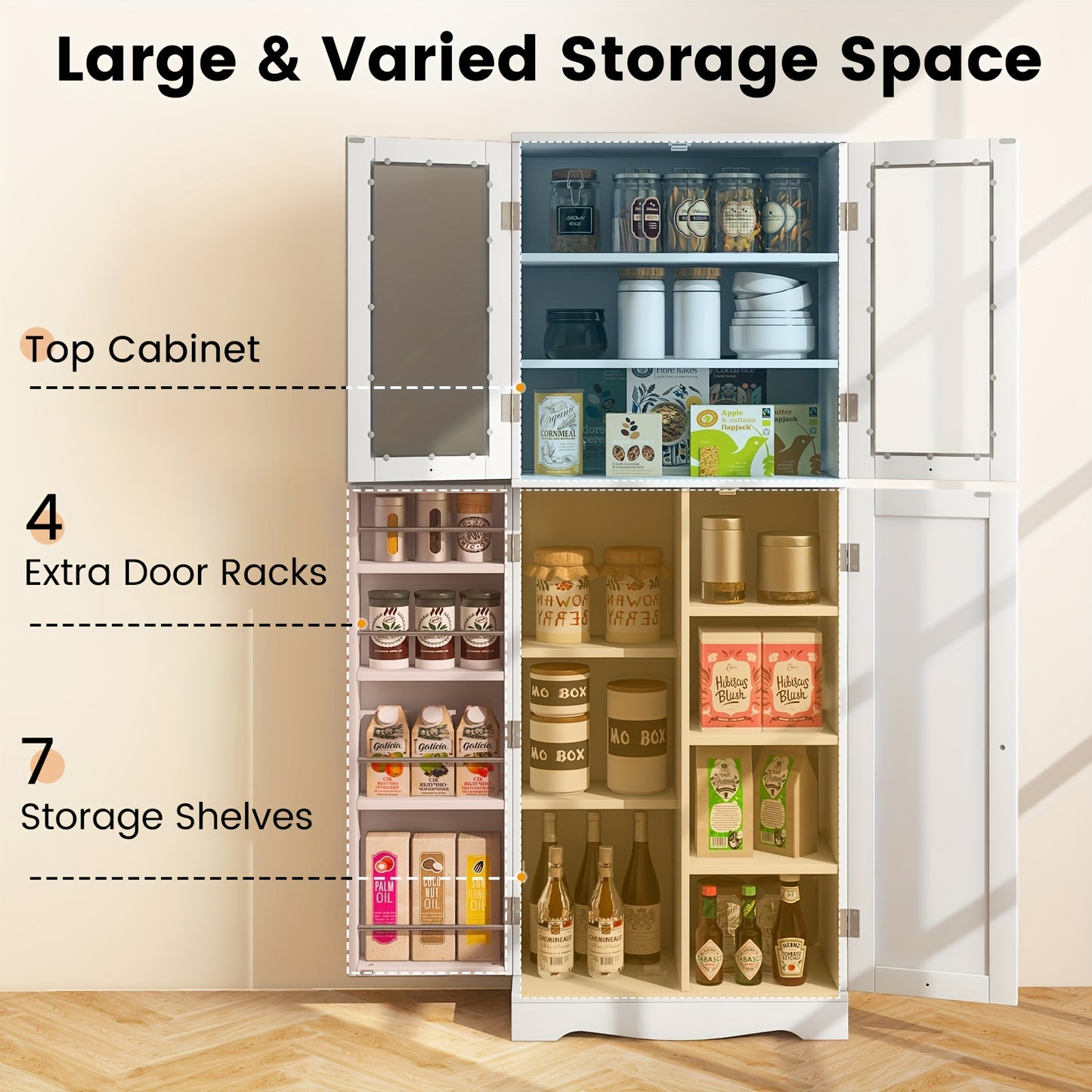 Keukenkast – Keukenbuffet – Opbergkast – Dressoir – Vrijstaand – Wit – 2 Deuren – 14 Planken – MDF En Veiligheidsglas – Compact 60x31,5x161,5 cm