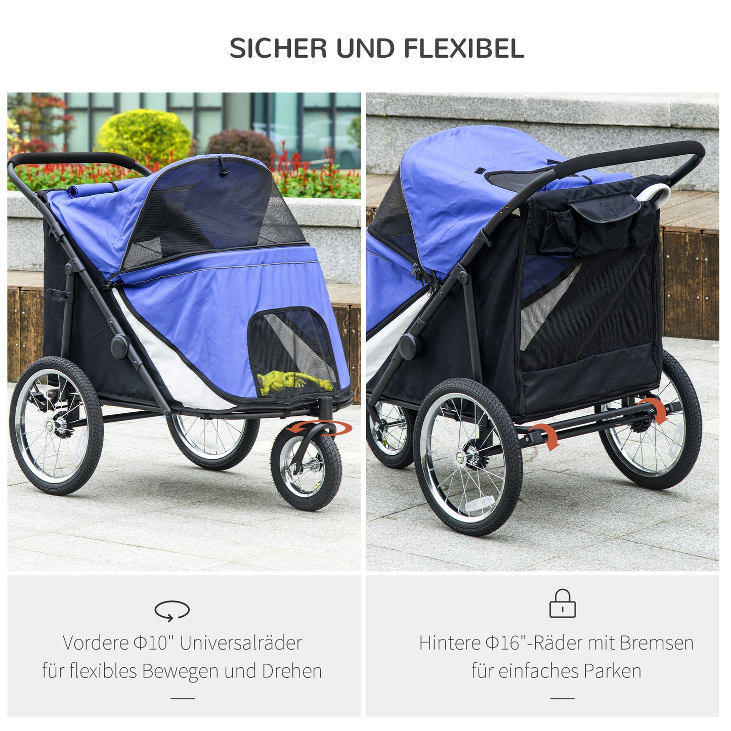 Hondenbuggy – Hondenwagen – Huisdierenwagen – Wandelwagen – Opvouwbaar – Stalen Frame – Zacht Ligkussen – Blauw/Zwart