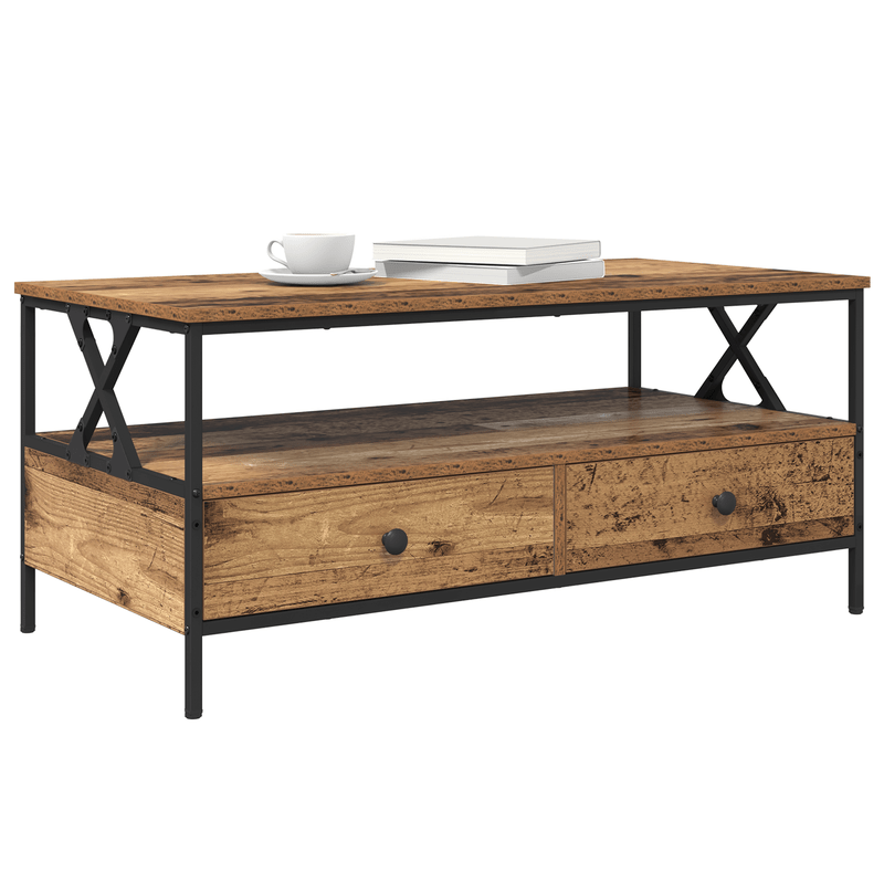 Salontafel – Bijzettafel – Woonkamertafel – Theetafel – Opbergtafel – Industrieel Design – Hardhout Old Wood – 100 x 51 x 45 cm – Lade en Extra Plank