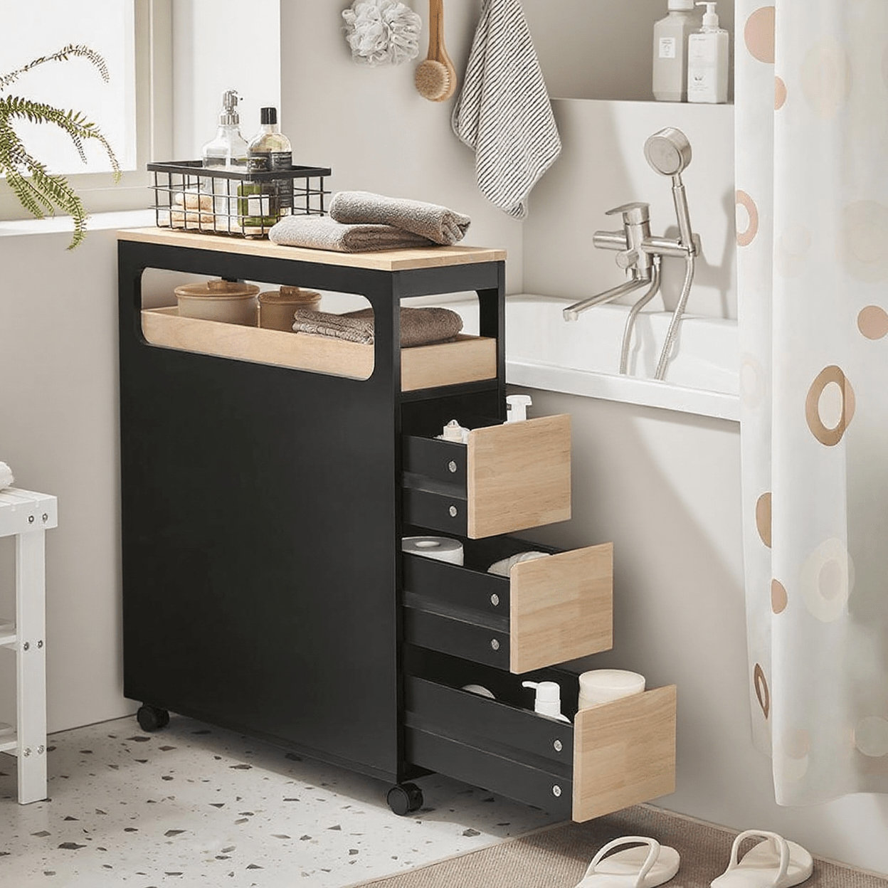 Badkamerkast – Opbergkast – Kolomkast – WC Kastje – Smalle Kast – Compact 24x65x82 cm – MDF met Houtlook – Verrijdbaar met 3 Laden en Uitneembare Plank