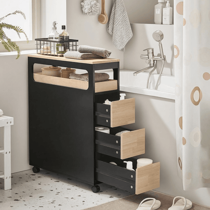 Badkamerkast – Opbergkast – Kolomkast – WC Kastje – Smalle Kast – Compact 24x65x82 cm – MDF met Houtlook – Verrijdbaar met 3 Laden en Uitneembare Plank