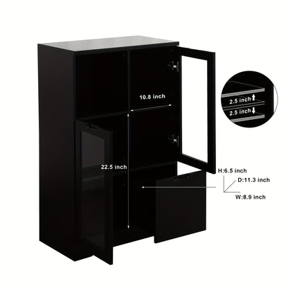 Kast – Opbergkast – Ladekast – Boekenkast – Opbergmeubel – Zwart Metalen Kast Met Glazen Deuren – Compact En Ruimtebesparend Design (<68,6 cm Hoog)
