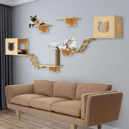 Klimwand Kat – Katten Klimmuur – Krabpaal – Kattenwand – Kattenmeubel – Super Groot 250 cm – 9-delige Set Met Kattenhuis, Krabplank en Hangbrug – Massief Hout en Duurzaam Materiaal