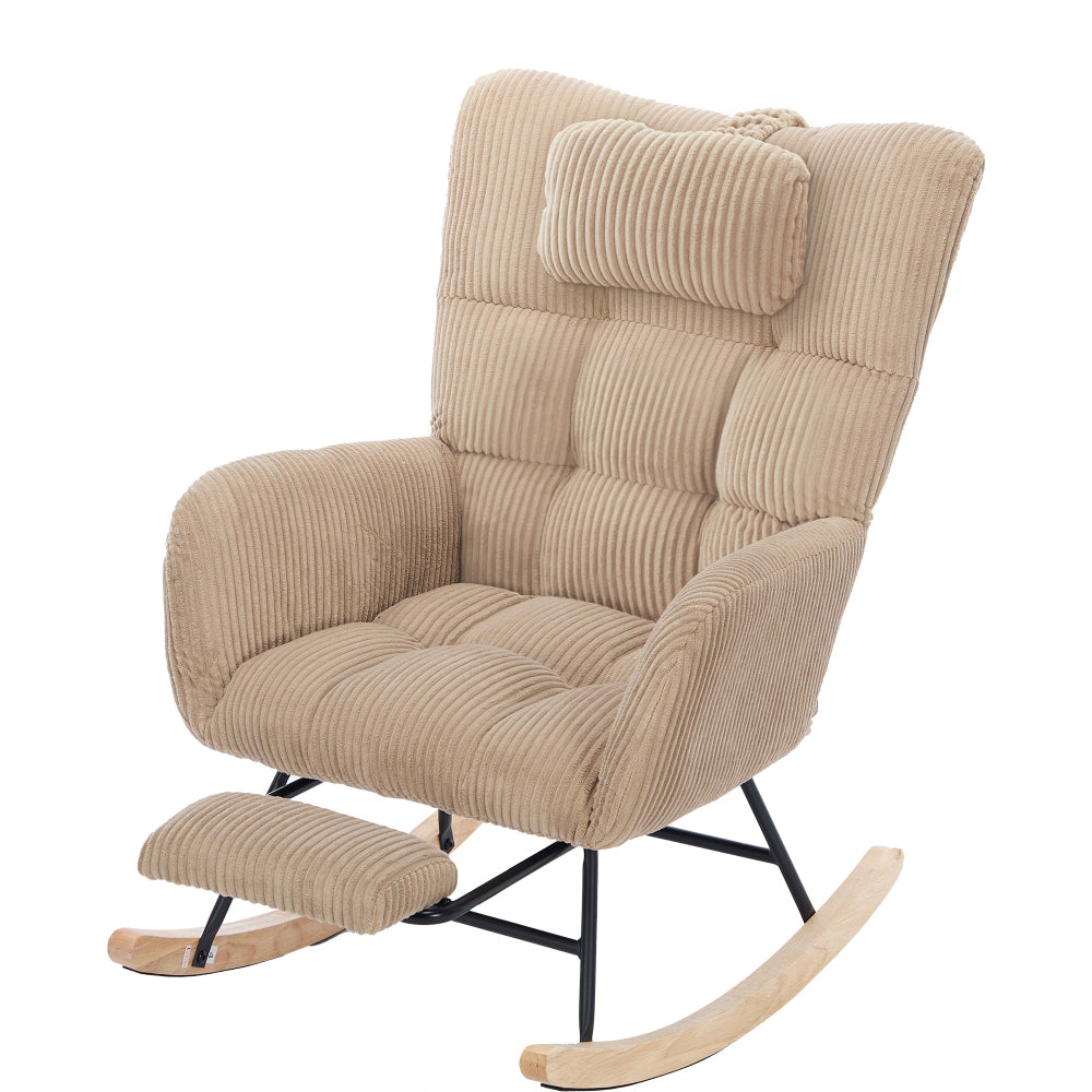 Rocking Chair with Invisible Rocker Base & Neck - Soft Upholstered High-Back Brown Armchair, - Padded Seat, Easy Assembly, Durable Metal-Free Fabric for, & Room (No Wood)