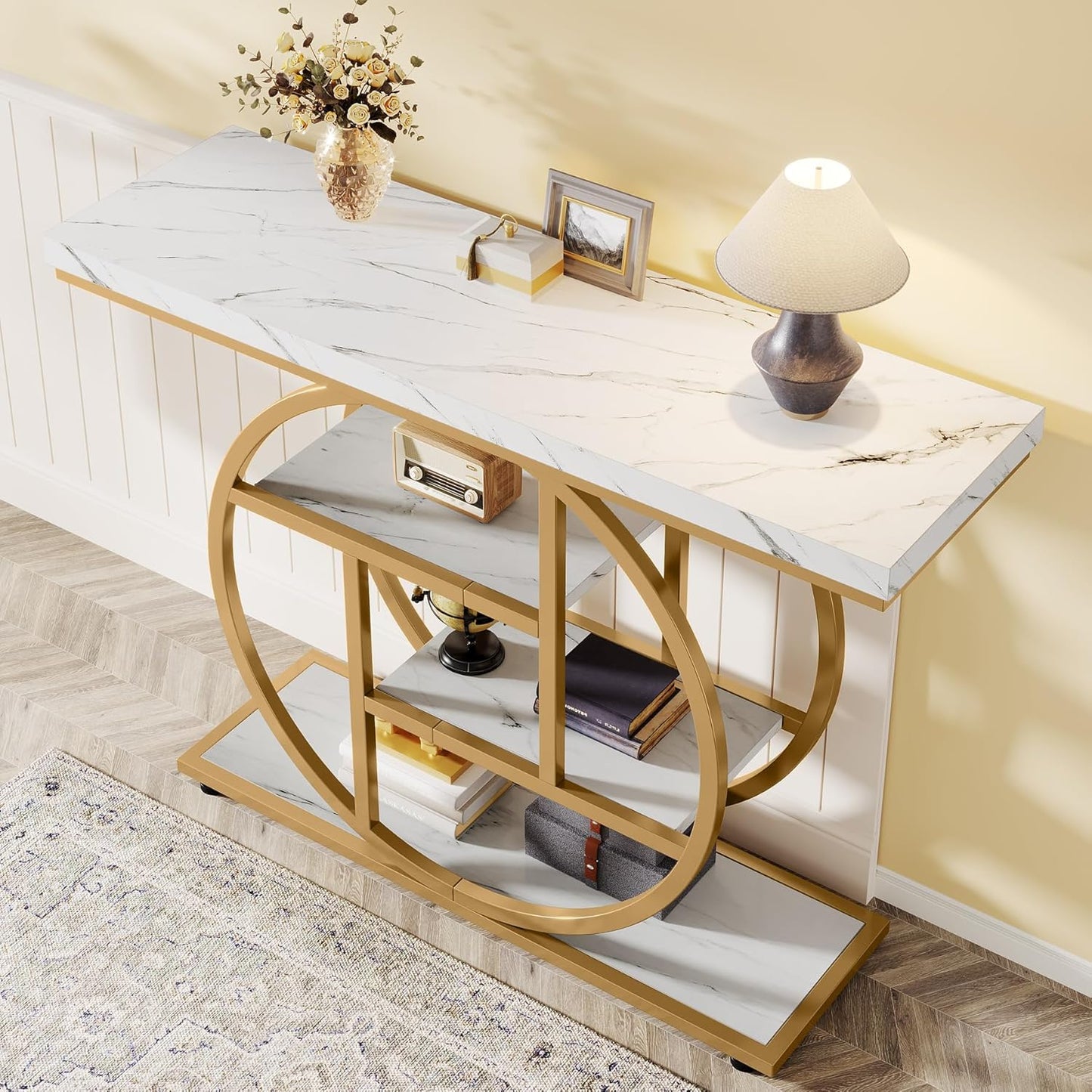 Moderne Sidetable – Console Tafel – Sofa Tafel – Haltafel – Wandtafel – Industrieel Design – 105 x 30 cm – Wit Met Gouden Accenten – 4 Treden Met Opbergruimte