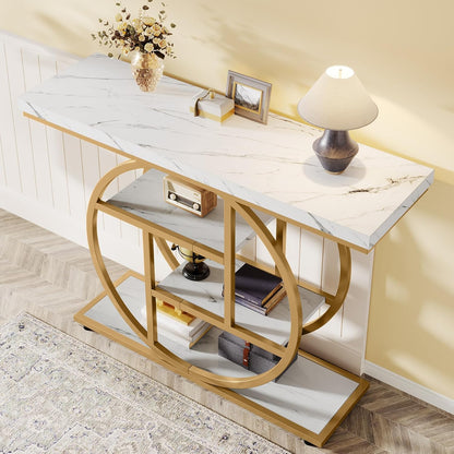 Moderne Sidetable – Console Tafel – Sofa Tafel – Haltafel – Wandtafel – Industrieel Design – 105 x 30 cm – Wit Met Gouden Accenten – 4 Treden Met Opbergruimte