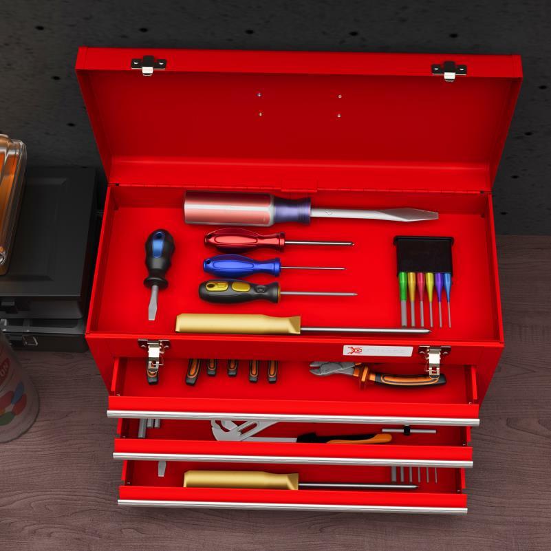 Gereedschapskist Rood – Metalen Kist – Opbergdoos – Werkplaatskist – Draagbare Kist – 3 Lades – Stevig Metaal