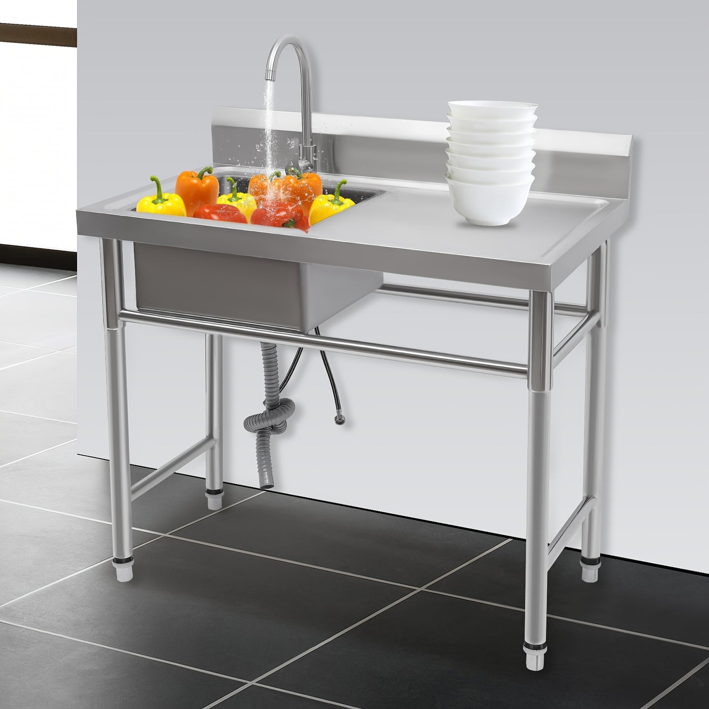 Commercial-Grade Stainless Steel Sink with Left Slot & Right Platform - 39"x24"x37" (100x60x93cm) Heavy-Duty 201 Stainless Steel, 199.58KG Capacity, Center Drain, Polished Finish, Easy Install for Restaurants, Cafes, Home Kit