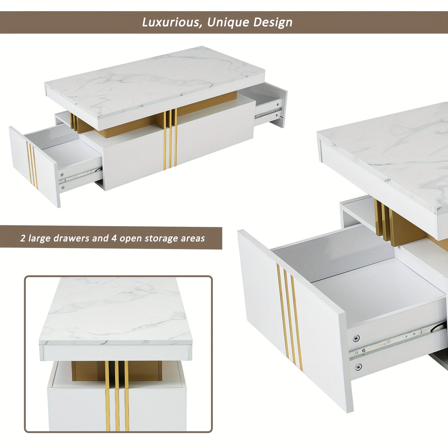 Modern Coffee Table with 2 Storage Drawers - High-Gloss White Artificial Marble Top & Golden Metal Handles, 100x50x40cm, Hardwood Frame, Easy Assembly for Living Room, Coffee Table for Living Room, Decorative Centerpiece, Min