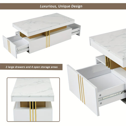 Modern Coffee Table with 2 Storage Drawers - High-Gloss White Artificial Marble Top & Golden Metal Handles, 100x50x40cm, Hardwood Frame, Easy Assembly for Living Room, Coffee Table for Living Room, Decorative Centerpiece, Min