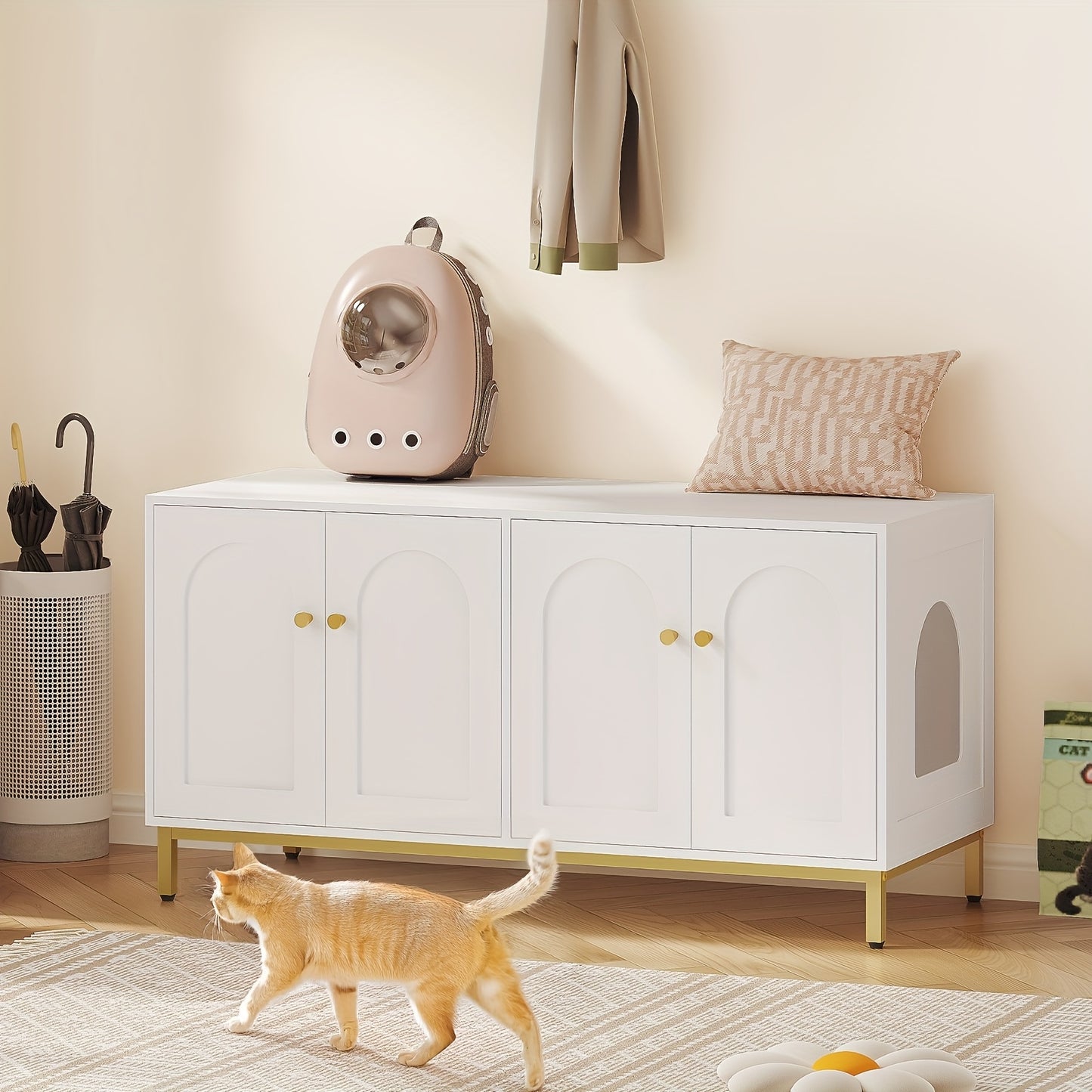 Kattenkast – Kattenmeubel – Kattenbakmeubel – Kattenhuis – Kattenbench – Voor 2 Katten – Verborgen Kattenbak – Wit Goud – Hout – Geschikt Voor Meeste Kattenbakken – 119 cm