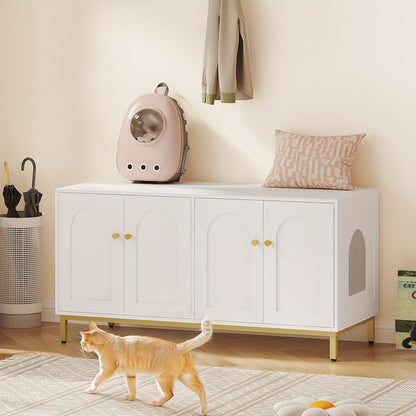 Kattenkast – Kattenmeubel – Kattenbakmeubel – Kattenhuis – Kattenbench – Voor 2 Katten – Verborgen Kattenbak – Wit Goud – Hout – Geschikt Voor Meeste Kattenbakken – 119 cm