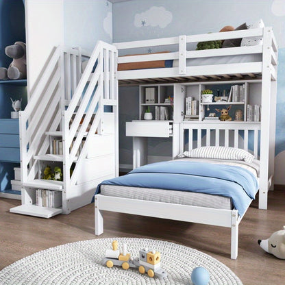Stapelbed – Multifunctioneel Bed – Hoogslaper – Kinderbed – Tienerbed – Wit – Inclusief Bureau en Opbergruimte – 90x200 cm – Stevig Frame met Lattenbodem – Ruimtebesparend Design