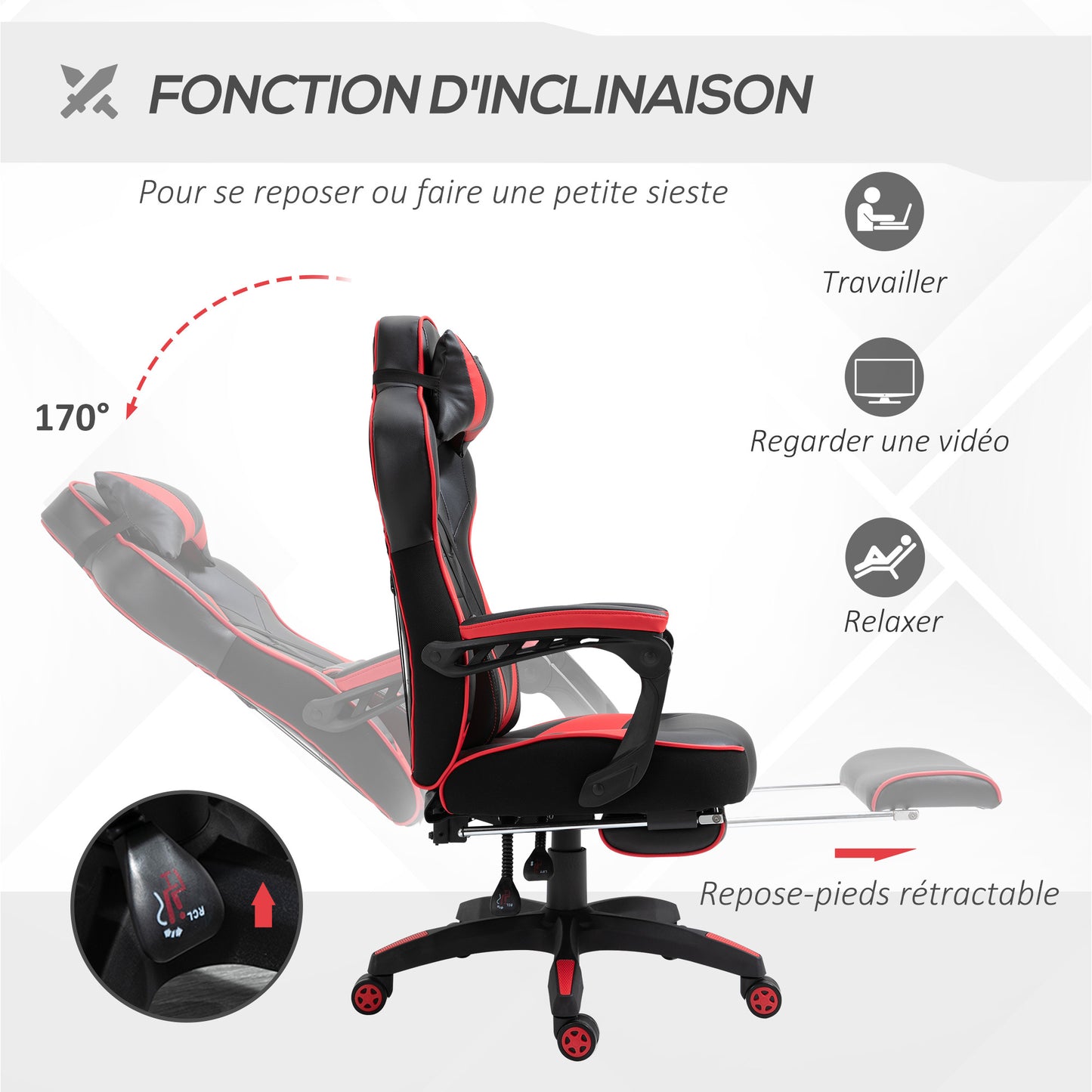 Gamingstoel – Gamestoel – Gaming Chair – Bureaustoel – Game Stoel – Ergonomisch Design – Verstelbare Rugleuning Met Voetsteun – Zwart/Rood
