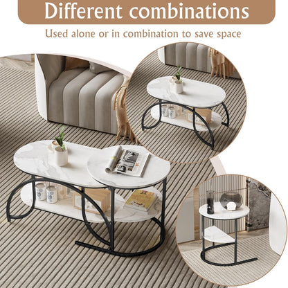 Salontafel – Bijzettafel – Woonkamertafel – Koffietafel – Tafelset – Ronde Tafels – Marmerlook Blad – Gouden Metalen Poten