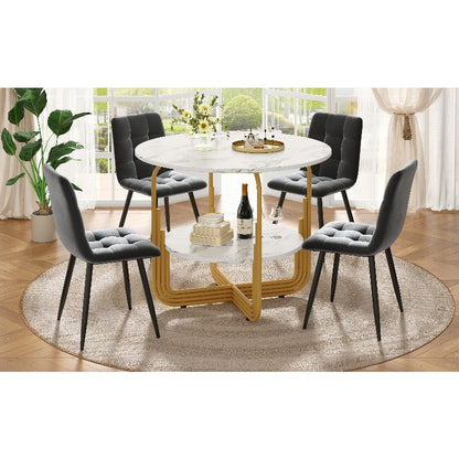 Eettafel Set – Dining Table Set – Tafel En Stoelen – Ronde Eettafel – Tafeltje Met Stoelen – 5-Delig – MDF Marmeren Blad – Gouden Metalen Poten