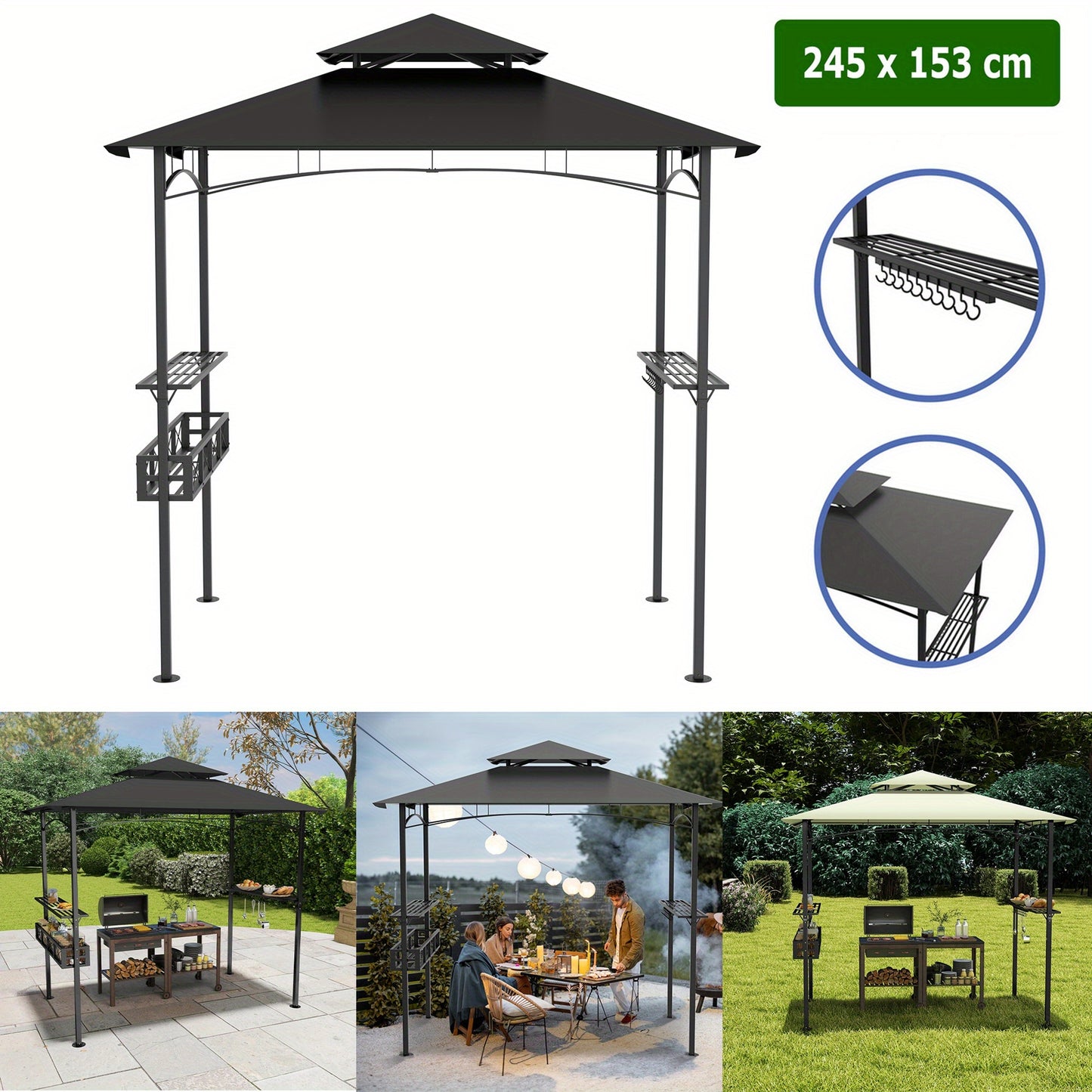 Barbecueoverkapping – Grillpaviljoen – BBQ Shelter – Terrasoverkapping – Barbecuetent – Beige Polyester – Met Dubbel Dak en Metalen Frame – Inclusief Zijplanken en Opbergmand met Haken